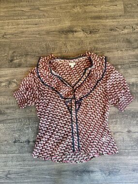 Odille Pink Geometric Ruffle-Trim Blouse